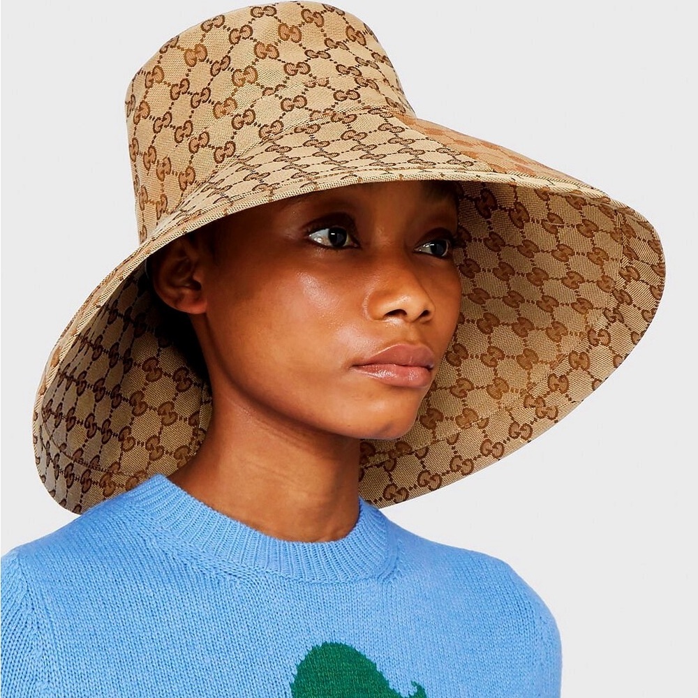 Beige Monogram Bucket Hat Wide Brim Large Jacquard Canvas Beach Sun Coverage
